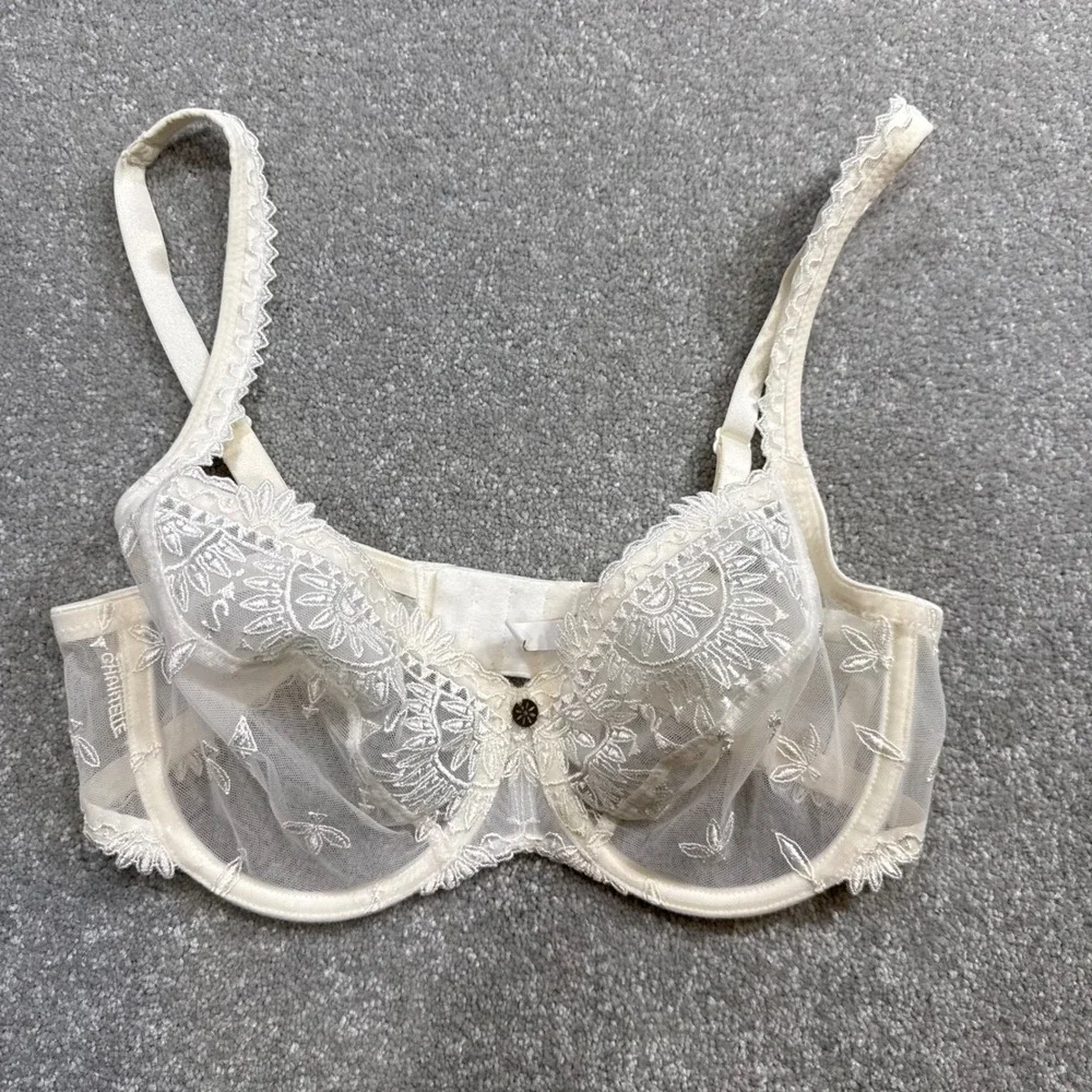 Vintage Y2K Chantelle Paris Lace Embroidered Sheer Mesh Bra‎ 32DD Made in France